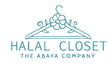 Logo of Halal Closet, The Abaya Company with a hanger and flower on a light blue background